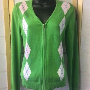 Izod Lime Green Argyle ZIP Cardigan Sweater Sz M